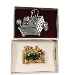 Silver and Gold Desk and Book Brooch Set